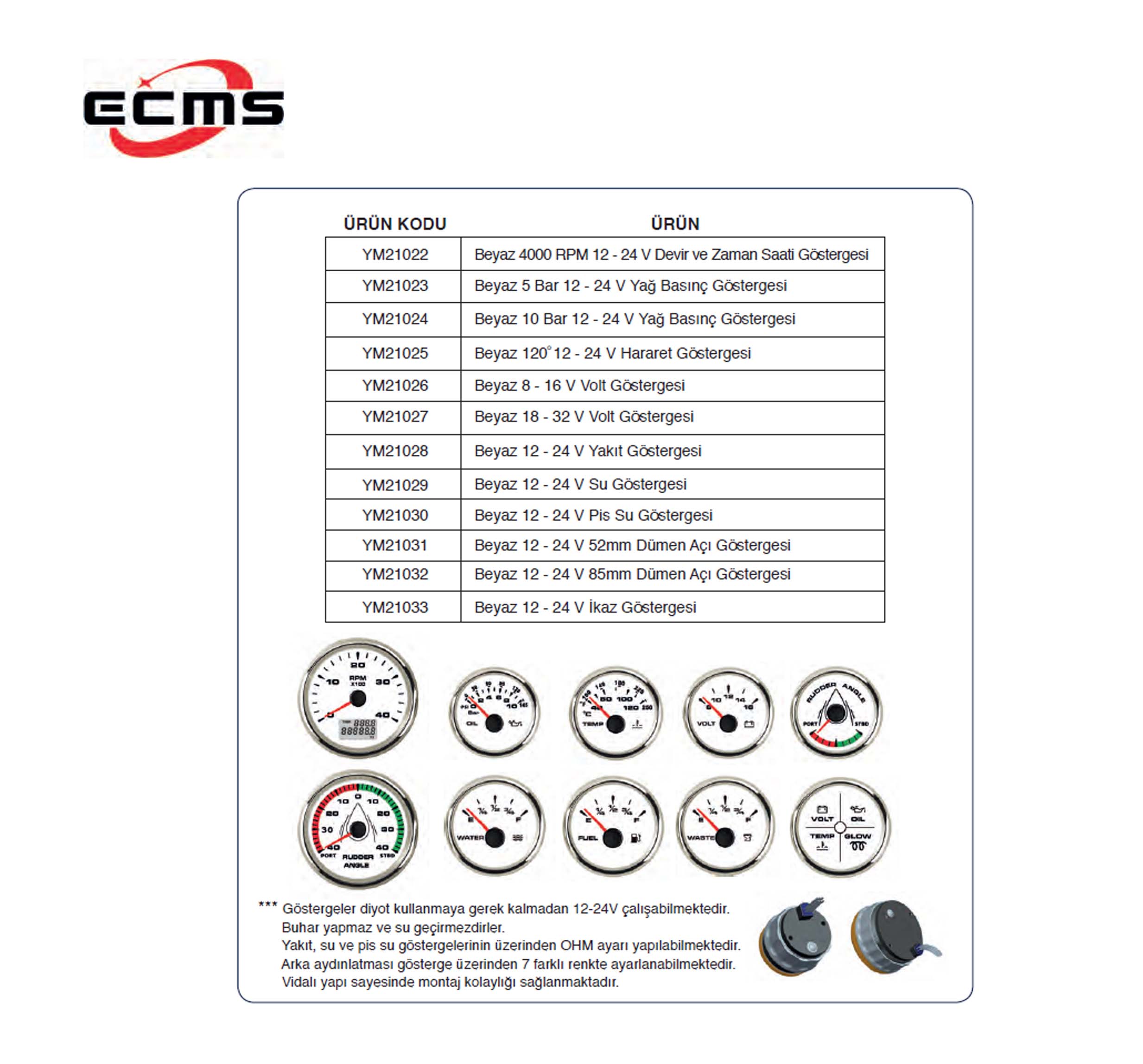 ECMS Beyaz 12-24 V Gösterge Saatleri